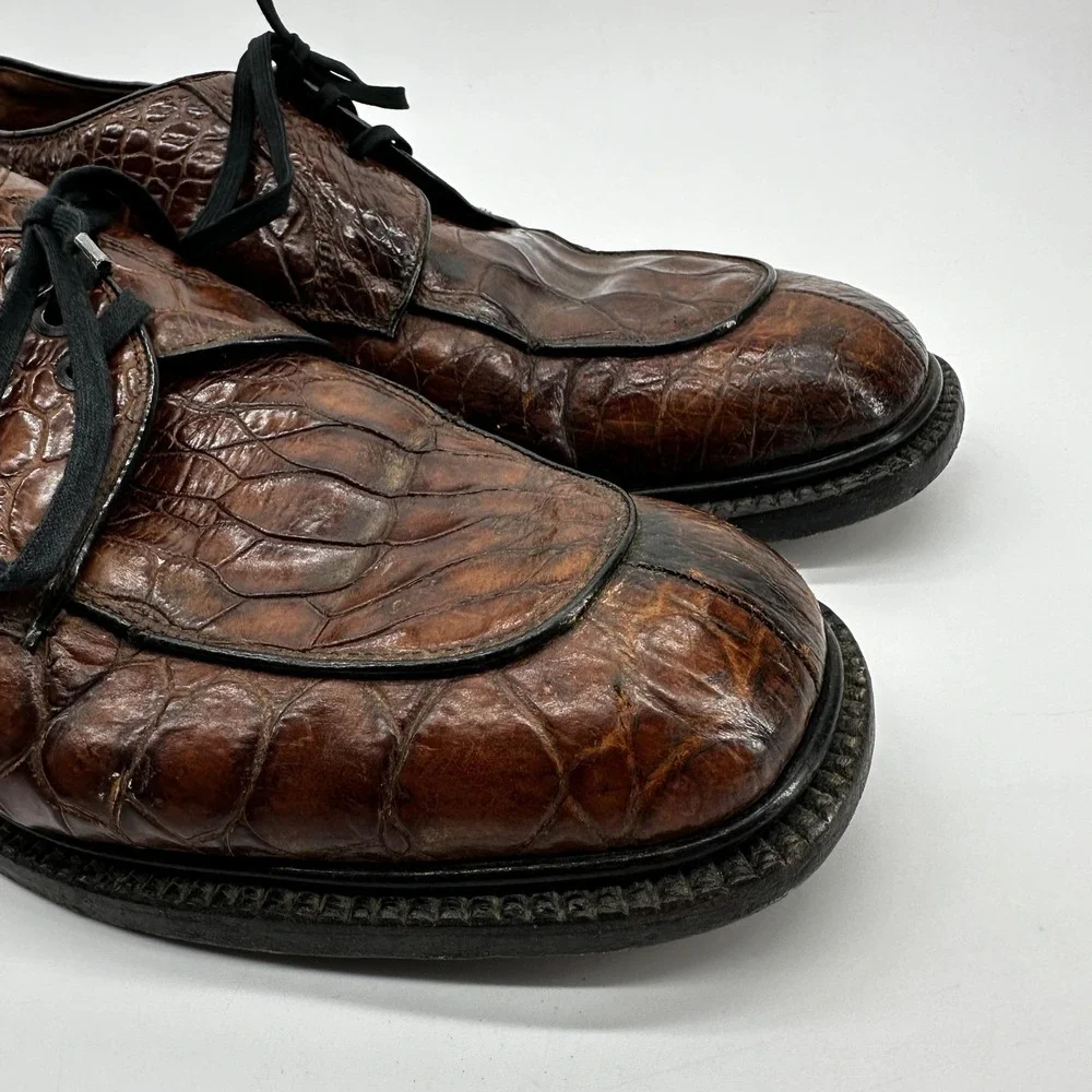 Vintage Dover Crocodile Derby Dress Shoes Mens EU 38.5 US 6 Brown Exotic Leather